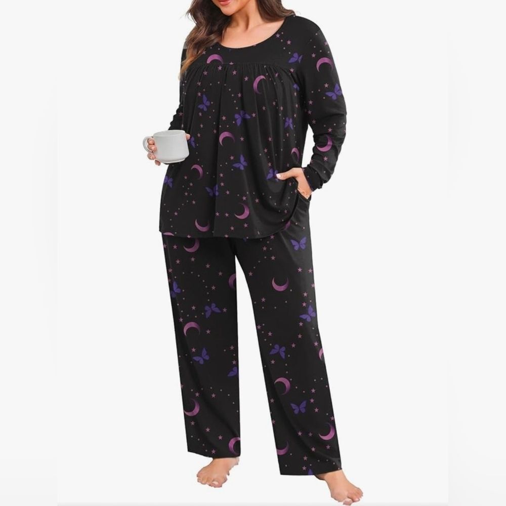 Women's Black Moon & Butterfly Pajama Set - Cozy Long Sleeve Top & Pants